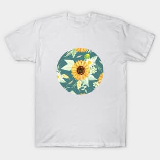 Sunflowers and Daisies Bouquets | Watercolor | Green | Pattern T-Shirt